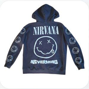 NIRVANA black pullover hoodie Smiley faces down arms and on back Men's S Women M